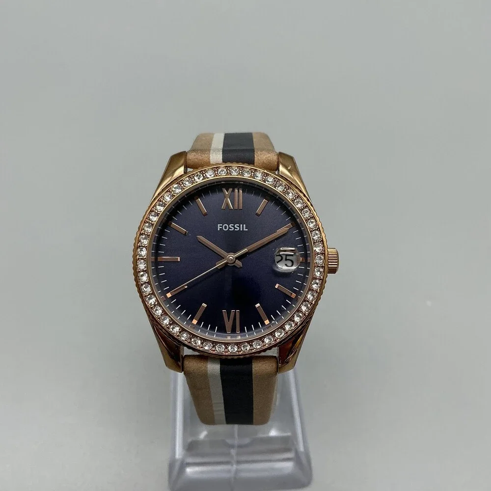 Fossil Scarlette ES4594 Womens Watch 32mm Blue Dial Crystals Leather New Battery